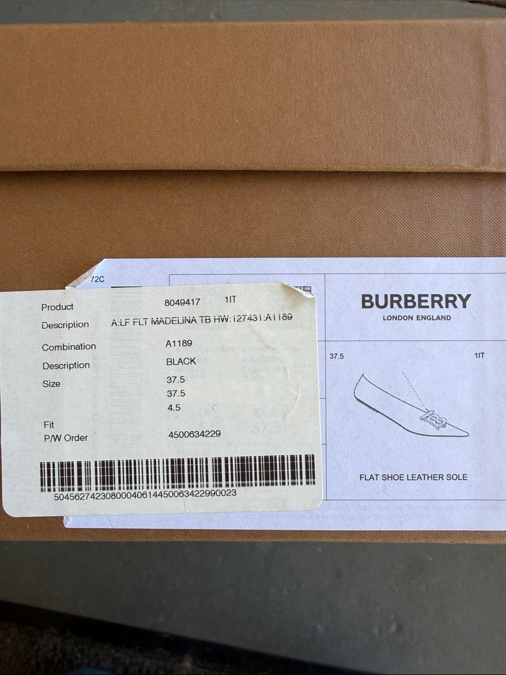 NWT Burberry Black Pointed Leather Flats with Gold TB Monogram size 37.5 - Picture 10 of 11